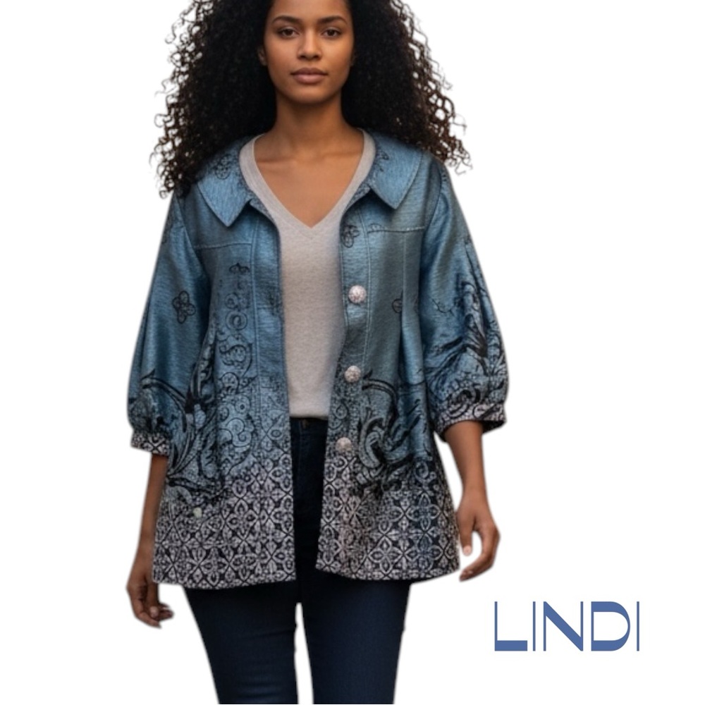 LINDI Blue Brown Ombre Rhinestone Swing Jacket NWOT Size M